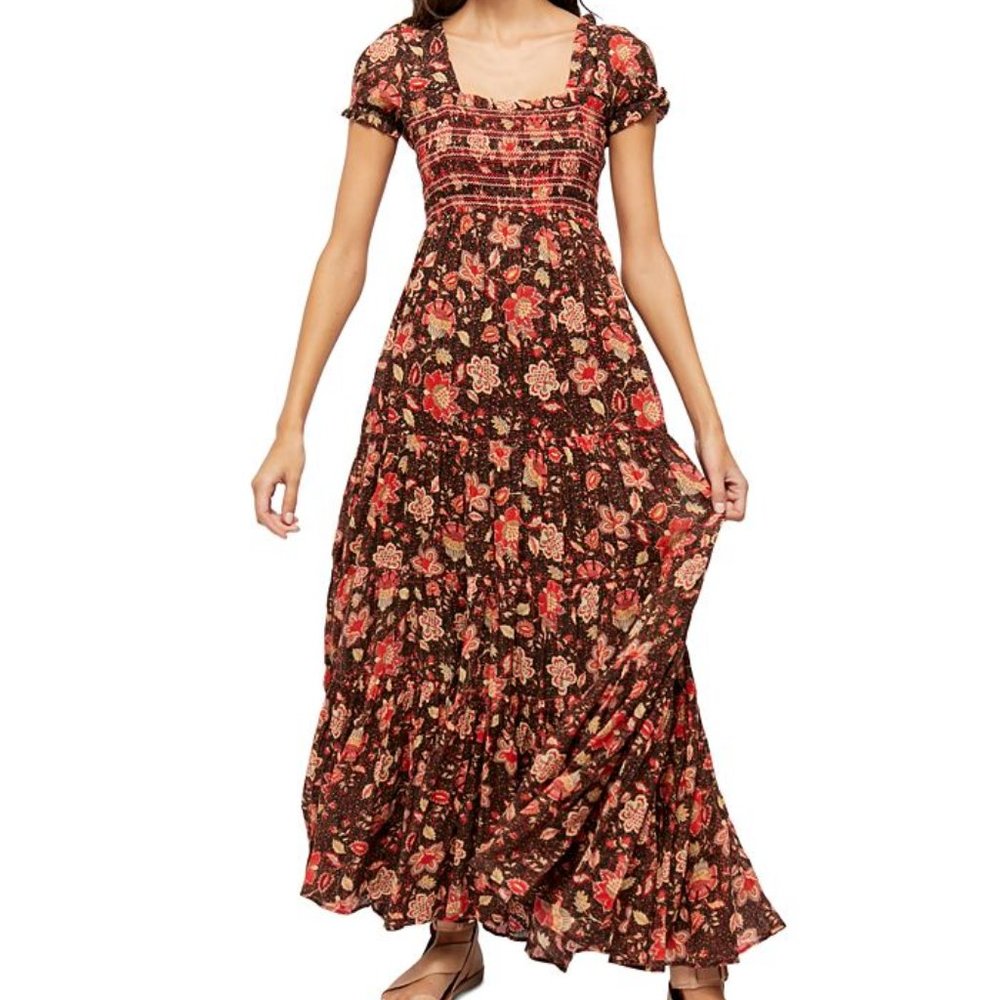 Free People Getaway Red Floral Print Pleated Tiered Maxi Dress